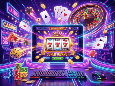 Lobby de casino de lujo con iluminación amatista y máquinas tragamonedas modernas